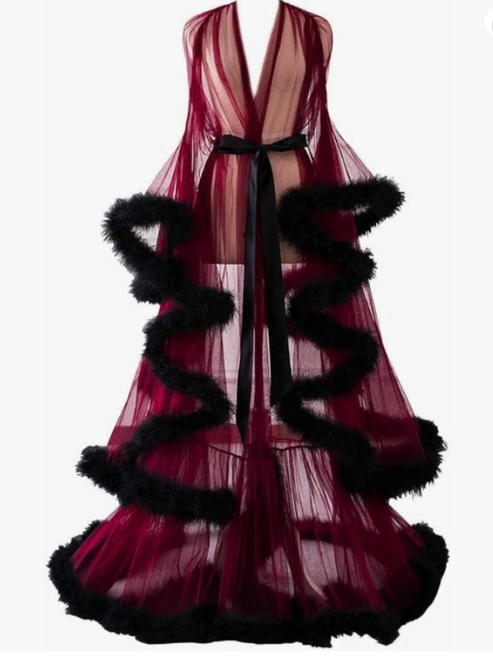 Sexy Feather Robe Long Fur Tulle Robe Sheer Lingerie Robe L-XL